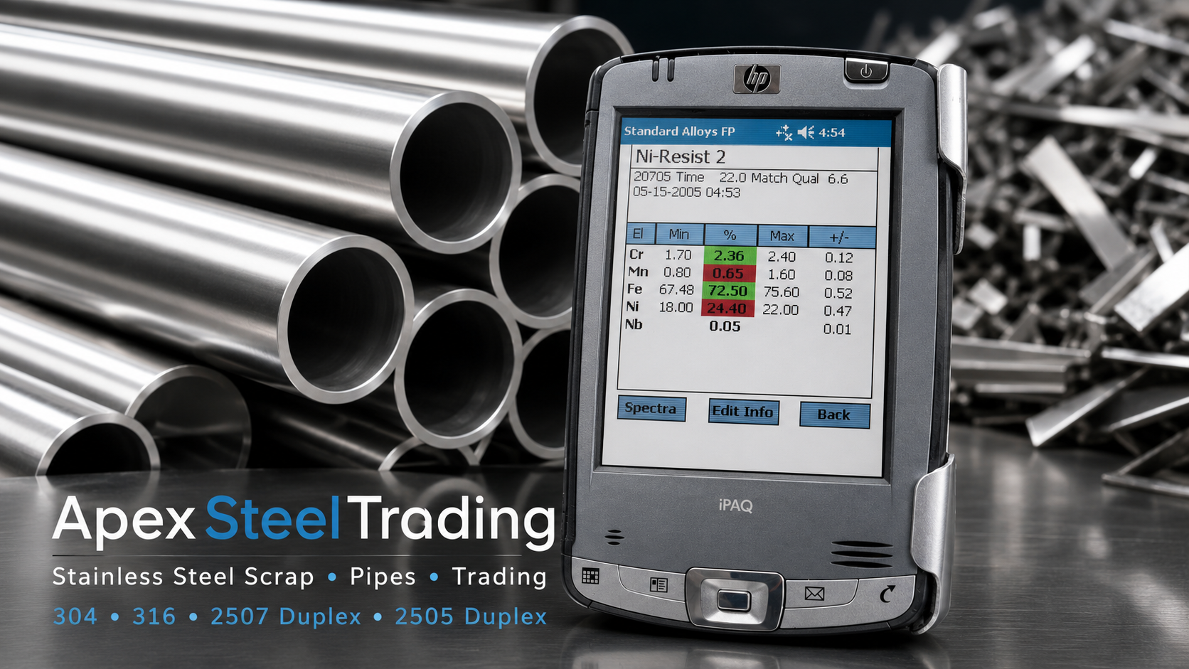 Alloy analyzer with stainless steel pipes and scrap