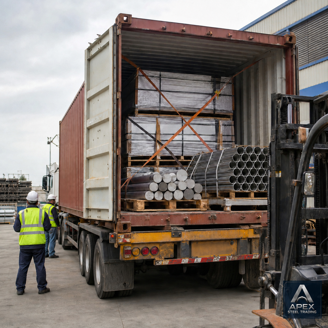 Pipes and solid metal inside an open truck container