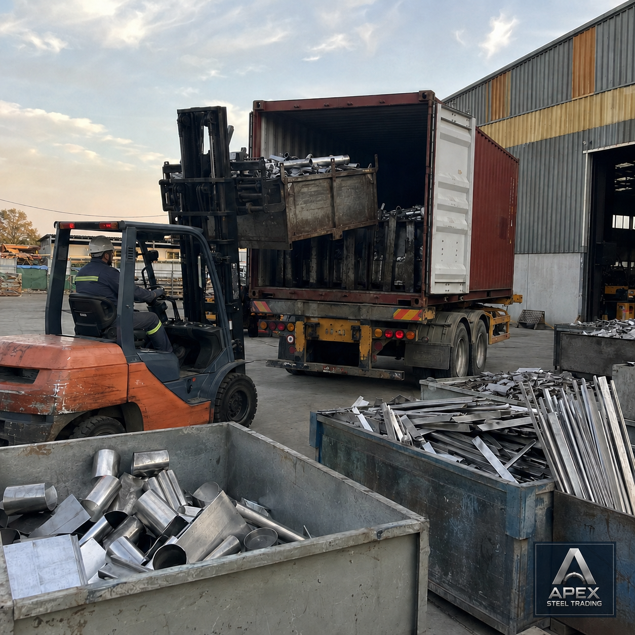 Forklift loading metal scrap into a container